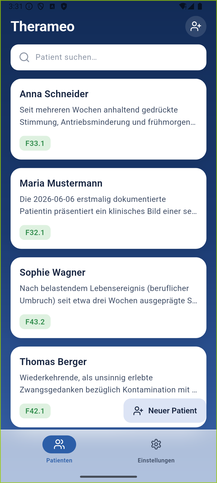 Startbildschirm von Therameo mit der Patientenliste: vier Beispiel-Patientenkarten mit Namen, kurzer Sitzungszusammenfassung und je einem grünen ICD-10-Code, darüber ein Suchfeld.