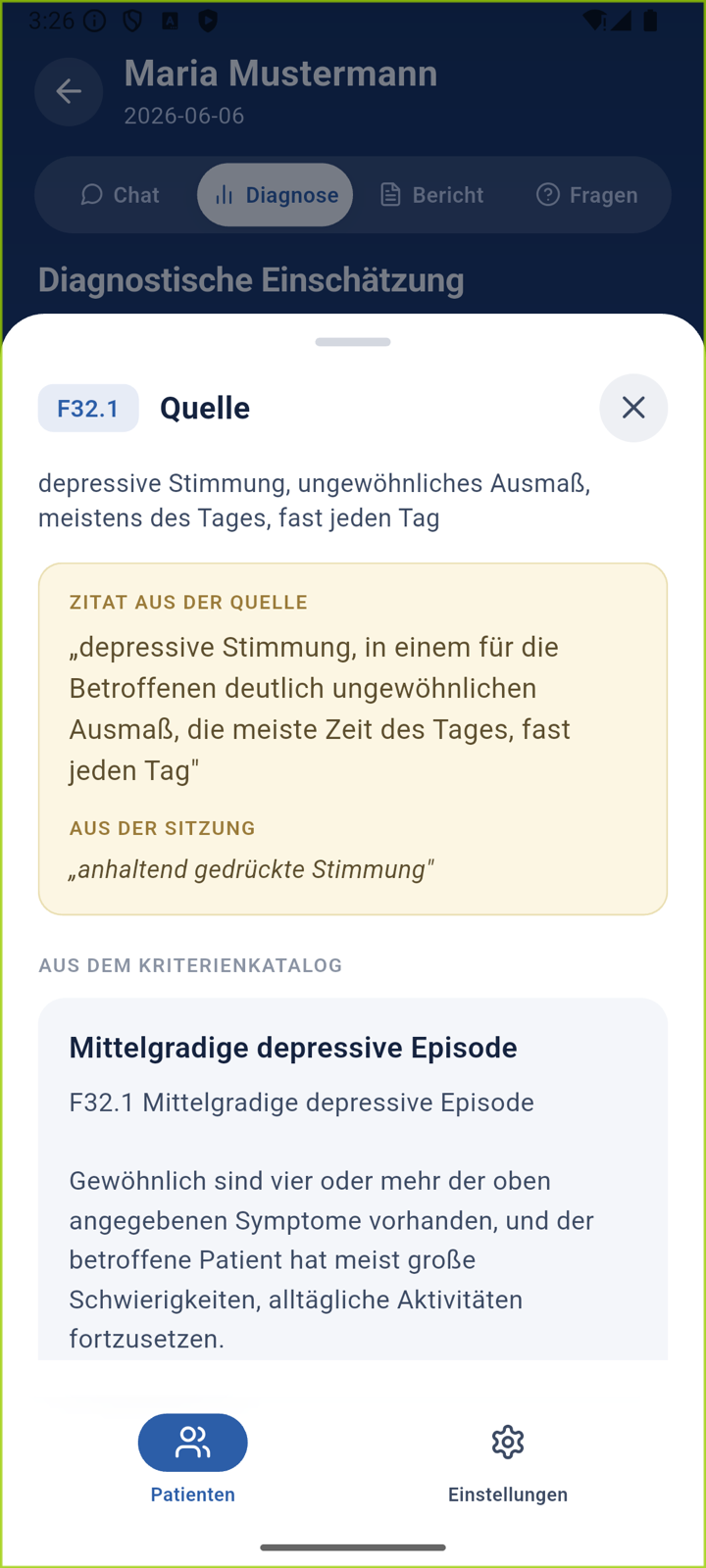 Aufgeklappte Quellenansicht zu F32.1: das geprüfte Kriterium, ein Zitat aus der Quelle, das zugehörige Zitat aus der Sitzung und der Auszug aus dem ICD-10-Kriterienkatalog.