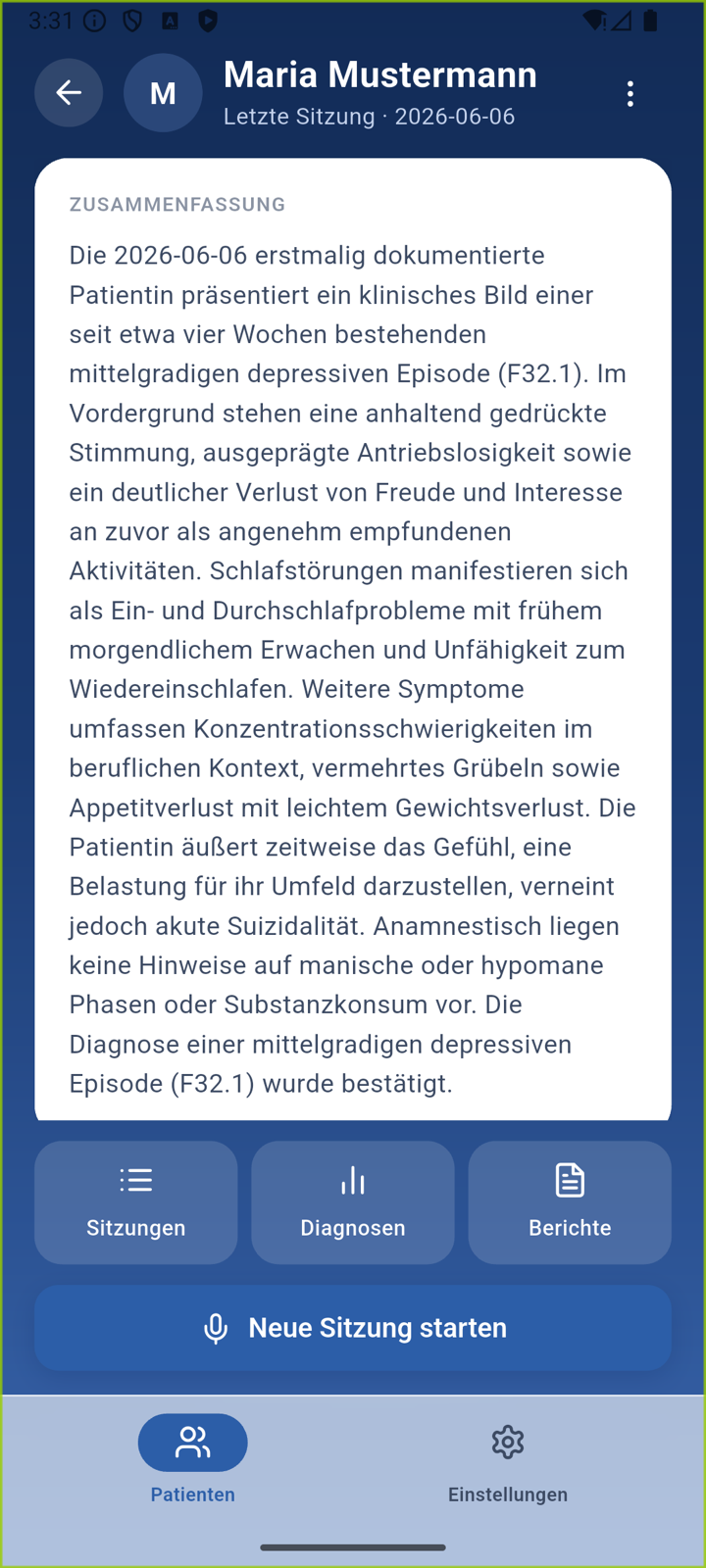 Patientendetail in Therameo mit dem Abschnitt Zusammenfassung: ein fortlaufender Text fasst das klinische Bild über die bisherigen Sitzungen zusammen, darunter die Schaltflächen Sitzungen, Diagnosen und Berichte.